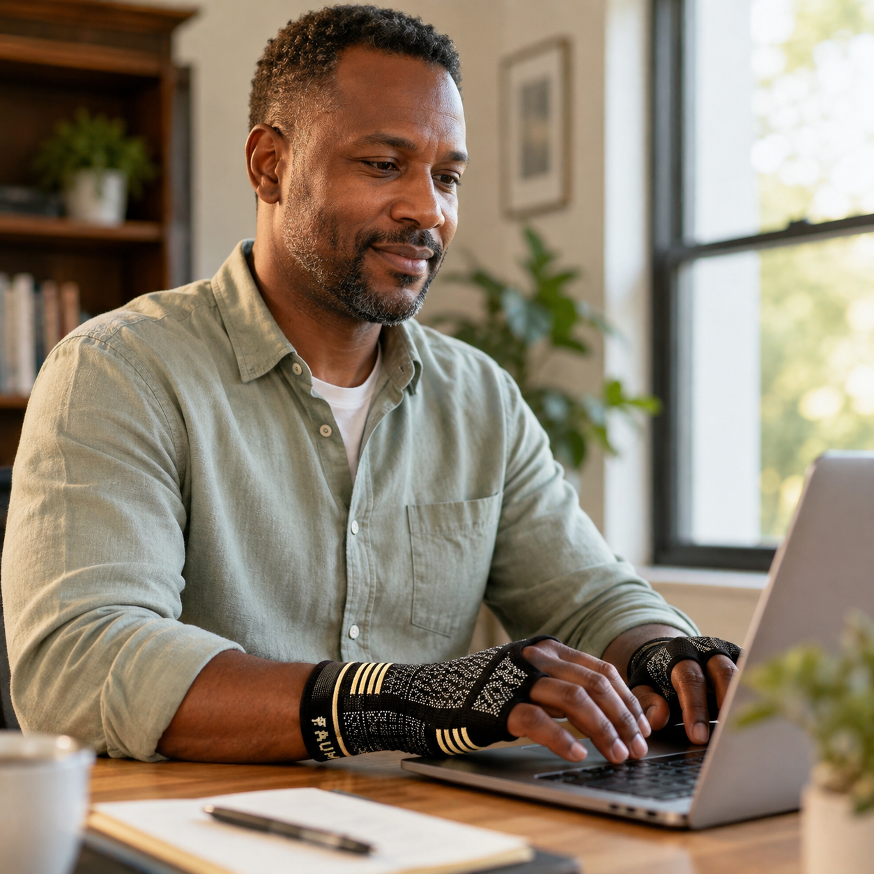 Man wearing wrist compression sleeves while working at a laptop